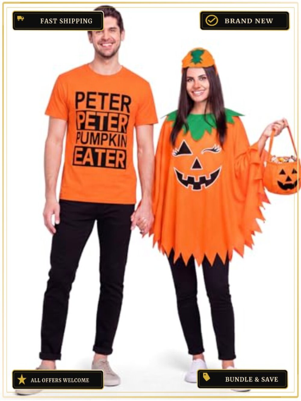 4 Pc Couples Funny Halloween Pumpkin Costume Set Poncho Tee